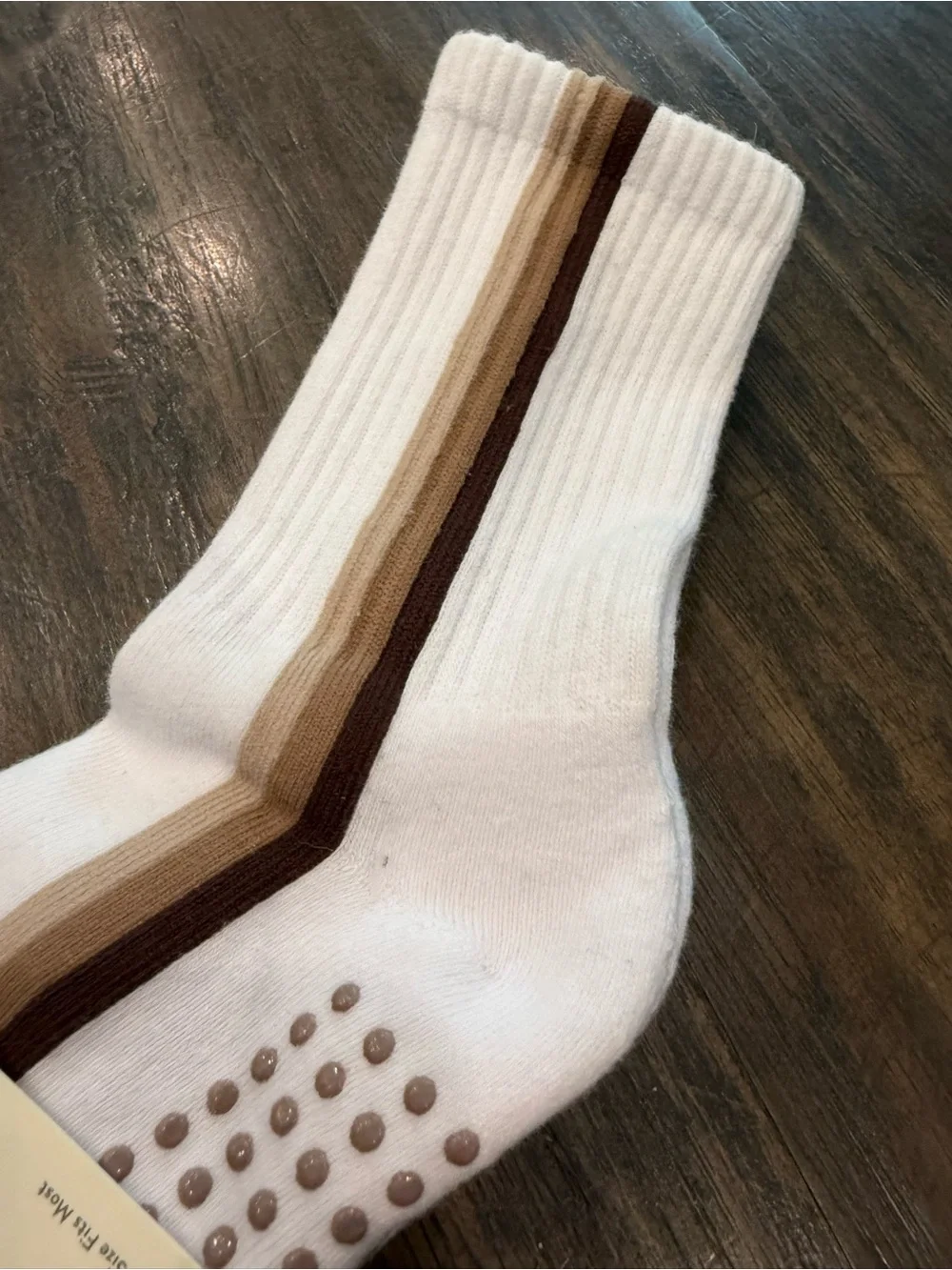 Balance Collection White Mid-Crew Grip Socks with Brown and Tan Stripes - 2-Pack